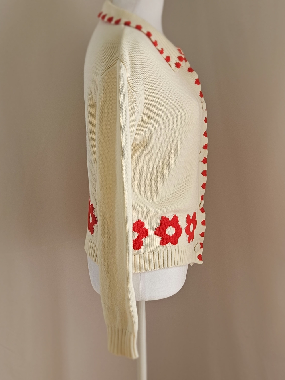 Elie Tahari Red Flower Knit Cardigan Sweater Ivory Cream XS - Picture 6 of 16